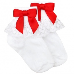 Girls White Lace Socks with Poppy Red Satin Bows